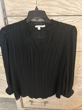 Chico's Black Pleated V-Neck Long-Sleeve Blouse